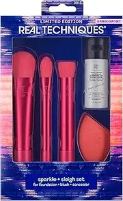 Real Techniques Techniques Limited Edition Sparkle + Sleigh Makeup Brush & Sponge Kit, Spone Blender Face Brushes For Flawless Finish, 5 Piece Gift Set, Pink