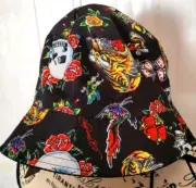 Ed Hardy Art Tattoo Bucket Hat Screaming Tiger Skull Hearts Streetwear Black NEW