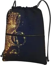 EdWal Gold Musical Note With Fallen Shiny Star Print Drawstring Backpack Gym Bags Sports Bags With Zipper Pocket For Travel Swimming Beach, Black, One Size