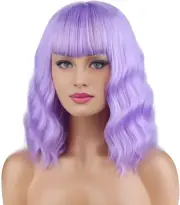 14 Inches Purple Wig for Women Short Curly Wig Purple Wig with Bangs Light Purpl