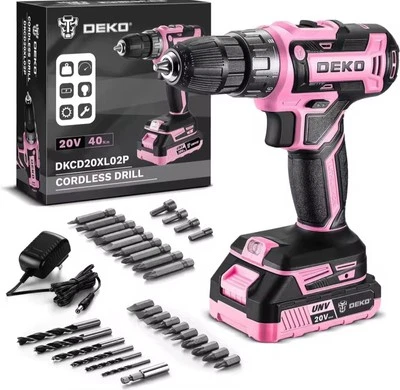 Power Drill Cordless: DEKO PRO Pink Cordless Drill 20V Electric Power Drill Set