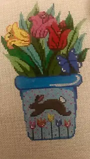 Patti Mann Hand Painted Flower Pot with Bunny and Tulips Needlepoint Canvas