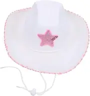 [Healvian] 1Pc Pink Sequin Star Western Cowboy Hat for Women Neck Cord Lightweight Cowgirl Headgear for Parties Costumes and Photo Props