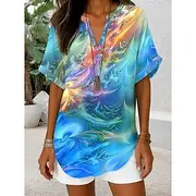 Women's Blouse Ombre Graphic Geometric Elegant Daily Stylish Short Sleeve V Neck Regular Tops Daily Holiday Black Light Green Blue Green Light Blue Summer Spri