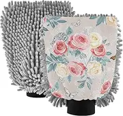 Pastel Pink Floral Butterfly Beige Washing Mitts Car Wash Scratch Free Cleaning Car Detailing Kit Mitts Microfiber Chenille Absorbent, Medium x 2 Pack