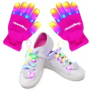 Pink Light Up Gloves Kids LED Shoelaces Set Glow Dance Party Girl Gift Ages 4-10