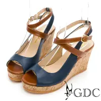 在飛比找momo購物網優惠-【GDC】真皮撞色春夏交叉繞帶木紋魚口楔型涼鞋-藍色(115