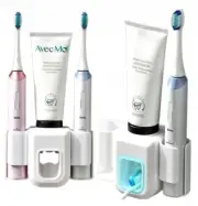 White Wall Mounted Bathroom Toothbrush Holder + Automatic Toothpaste Dispenser