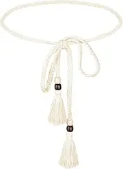 [GEEHUA] Women's Braided Knotted Waist Belt, 1Pcs Skinny Waist Belt Boho Rope Chain Tie Waistband Thin Tassel Dress Belt for Women Girls Dress Skirt, White