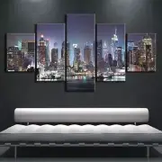 New York City NYC Night Skyline Framed 5 Piece Canvas Wall Art Painting Wallpape