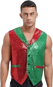 [TiaoBug] Mens Sparkly Sequins Waistcoat Christmas Santa Elf Sleeveless Vest Jazz Disco Dance Performance Costume