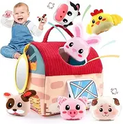 Joyfia Baby Toys 6-12 Months, Infant Soft Barn House with Stuffed Farm Animals, Rattle, Crinkle Paper & Mirror, Sensory Montessori Toy for Boys Girls Toddlers 1-3, Baby Birthday Newborn Shower Gifts