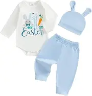 [Geagodelia] Infant Baby Boy 1st Easter Outfits Short Sleeve Letter Print Romper Jumpsuit Bodysuit and Bunny Print Elastic Long Pants and Hat Sets 3Pcs Clothes for Baby Boy