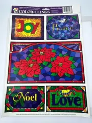 Vintaged Stained Glass Color Clings Christmas Poinsettia Joy Peace Static Cling