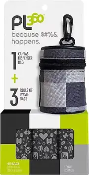 PL360 Dog Doggie Waste Bag Fragrance Free Canvas Bag (3 rolls, 45 Bags)