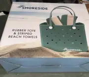 Shoreside Rubber tote & 2 striped beach towels. Green. The New Wave. New In Bx