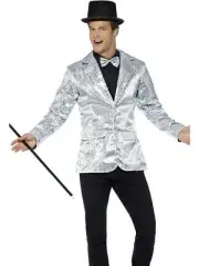 Sequin Jacket, Mens, Silver Charleston 40's Fancy Dress Costume Accessory