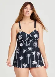 [Taking Shape] Taking Shape Palm Trees Tie Front Tankini Size 16 in Black / OFF White - Plus Size Women's Clothing Black / Off White