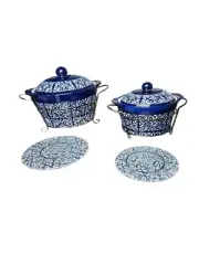Temp-Tations Carved Medallion Blue Covered Dishes/Wire Racks~2.5 & 1 Qt~2 Trivet