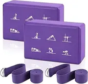 2 Yoga Block and Yoga Strap Set, FHDUSRYO High Density EVA Foam Blocks, Non-slip Yoga Bricks with 6ft Strap, Supportive Latex-Free Yoga Block Kit to Improve Balance and Flexibility