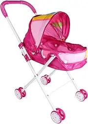 Doll Stroller, Foldable Doll Pram with Dual Wheels, Stroller Toys with Retractable Canopy, Storage Basket, and Comfort Grip