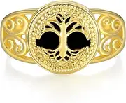 [Daixiya] 14K Yellow Gold Tree of Life Ring 925 Sterling Silver Black Onyx Tree of Life Ring Tree of Life Jewelry Gifts for Women Girls Size 7-9