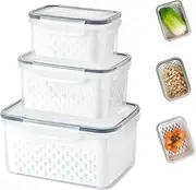 3pcs Fruit Storage Containers For Fridge, Leakproof Food Storage Containers With Removable Colander, For Preserving Fruits/Vegetables, Organizer, Freshness (Gray)