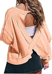 [DSAoTeng] Women’s Backless Long Sleeve Athletic Top-Casual Cropped Loose Fit Whit Thumb Hole Y2K Workout Sportswear for Gym Yoga Running