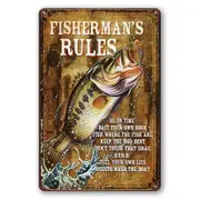 Tin Sign Rules Fisherman Rod Bent Fish Hook Rustic Look Decorative Wall Art