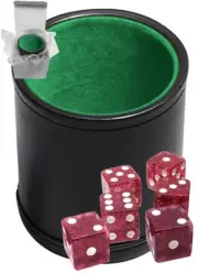 (6) Transparent Purple Glitter Dice + PU Leather Green Felt Lined Cup Gift Boxed