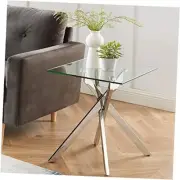 Modern Style Square Side Table with Tempered Glass Top and Metal Tubular Legs,