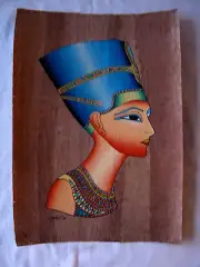 Egyptian Papyrus Paper Painting Queen Nefertiti Pharaoh Antique Looking 9" X 13"