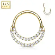 Piercing Ear Ring Yellow Gold 14 Gold Septum Daith Double Line Paved