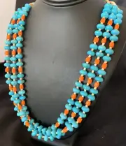 Orange Spiny Oyster & Turquoise 3 Strands Santo Domingo Necklace 28" 11993