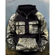 Men's Hoodie Quarter Zip Hoodie Black Wine Army Green Royal Blue Khaki Hooded Camouflage Patchwork Front Pocket Sports Outdoor Daily Holiday Polyester Streetw