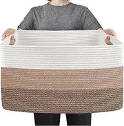 Extra Large Blanket Basket, 23.6" x 15.7" x 14.1" Woven Blanket Storage for Living Room, Wicker Throw Pillow Shoe Holder Bin, Big Kids Dog Toy Organizer, Cotton Rope Baskets for Organizing