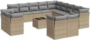 vidaXL Garden Sofa Set - 14 Piece Beige Poly Rattan Modular Lounge with Cushions and Storage for Patio Deck Terrace - Tempered Glass Table