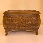 Walnut Wood Oval Storage Chest Hand Carved Coffee Trunk Table Decorative