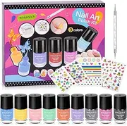 Kids Nail Polish for Girls with Gems Stickers, Non-Toxic Peel-Off Quick Dry Mini Nail Polish 9 Colors Set