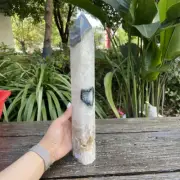1.4kg 340mm Natural Moss Agate Obelisk Quartz Crystal Tower Point Healing C5