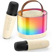 JYX Mini Karaoke Machine for Kids Adults, Portable Bluetooth Speaker with 2 Microphones, Support TF/AUX Input/Funny Magic Voice, Gifts for Birthday Party (Beige-2MIC)