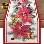 Christmas Table Runner with Red Flower Design Linen Table Runner for Holiday Use