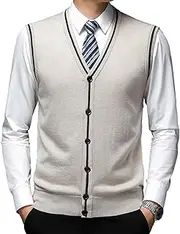 [SWJGLITTR] Men's Sleeveless Sweater Cardigan Wool Blend V Neck Buttons Vest Cable Knit Big and Tall Cardigan Vest, Camel Color, Large
