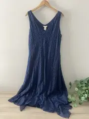 Sundance | Navy Alfresco Embroidered Handkerchief Hem Dress Sz Large