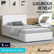 ALFORDSON Bed Frame Single Size Gas Lift Storage Base White Boucle TRICIA