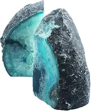 AMOYSTONE Teal Agate Bookends Geode Book Ends Heavy Duty Bookend Holder Decor with Rubber Bumpers Small(1 Pair, 2-3 LBS)