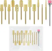Depvko 13Pcs Nail Drill Bits Set, Tungsten Carbide Drill Bits for Nails, Cuticle Nail Drill Bits for Acrylic Nails Remover Bits for Manicure Pedicure, Home Salon (Gold)
