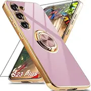 Aitipy for Samsung Galaxy S23 Plus Case with 1 Screen Protector, Built-in 360° Rotation Ring Holder Magnetic Stand, Luxury Shiny Plating Edge Shockproof Electroplated Protective Cover (Purple/Golden)