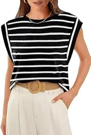 [ELFIN] Woemn's Sleeveless T-Shirt Stripe Shirts Casual Plain Tops Elegant Tops Summer Loose Blouse