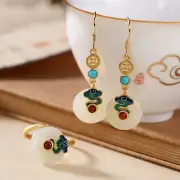 1.6"Vintage Chinese Silver Hetian Jade Ring Earring Set Classical Safety Button